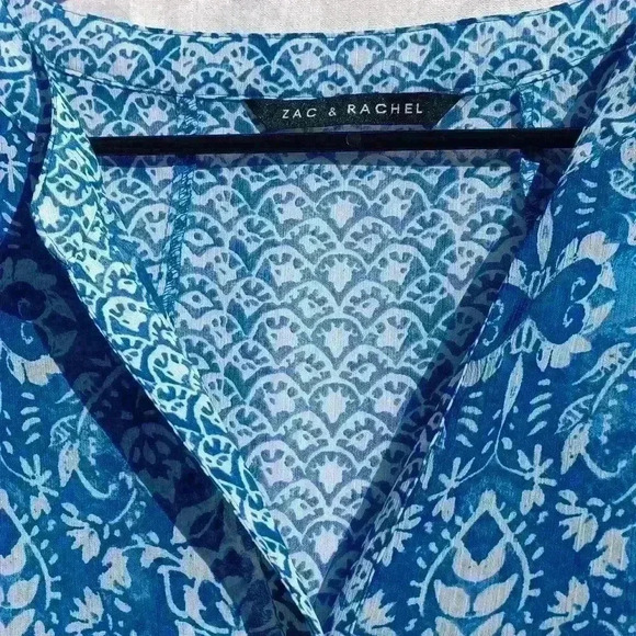 Womens L tunic boho cottage core hippie sheer blue white geo print blouse - Picture 2 of 7